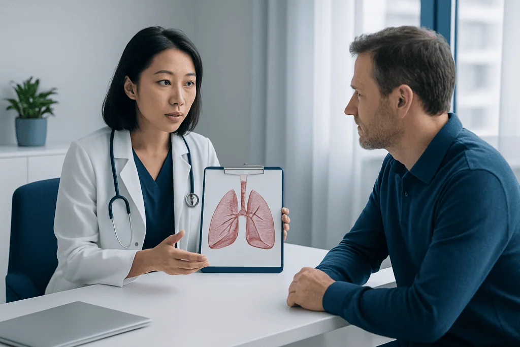 Doctor explaining lung anatomy to patient in a consultation room.