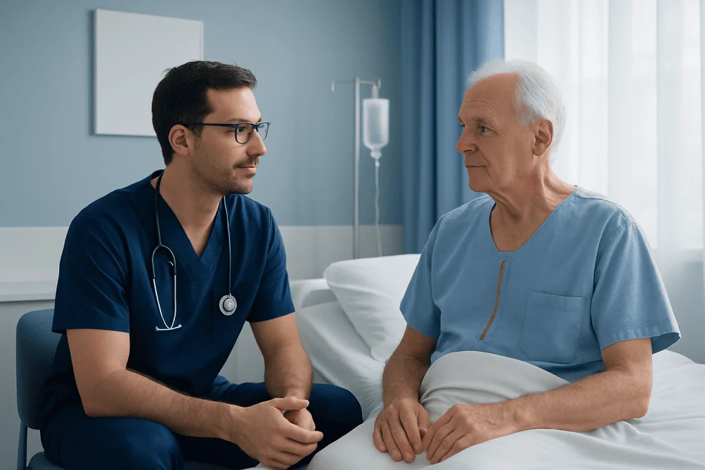 Doctor consulting with senior patient in hospital room.