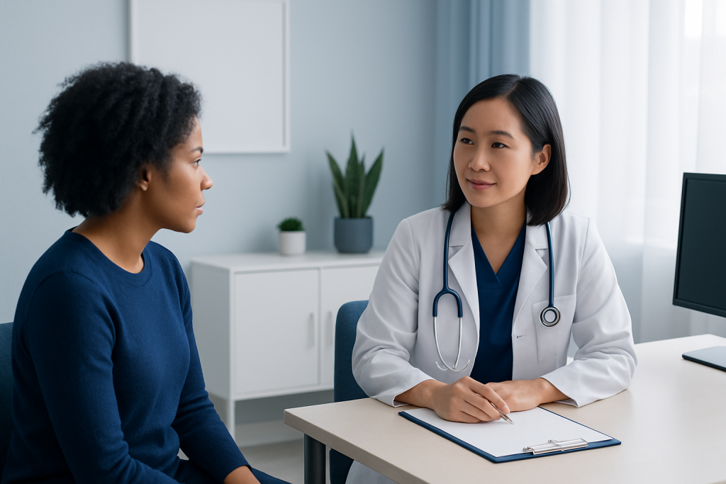 Doctor consulting with a patient in a modern medical office.
