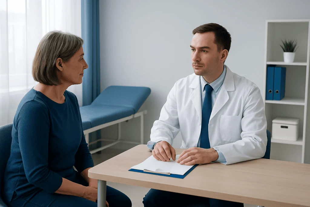Doctor consulting with a female patient in a medical office.