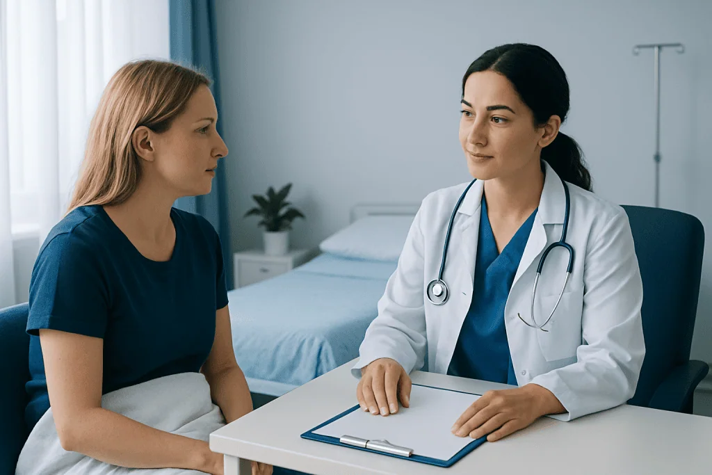 Doctor consulting patient in a hospital room with a bed and medical equipment.
