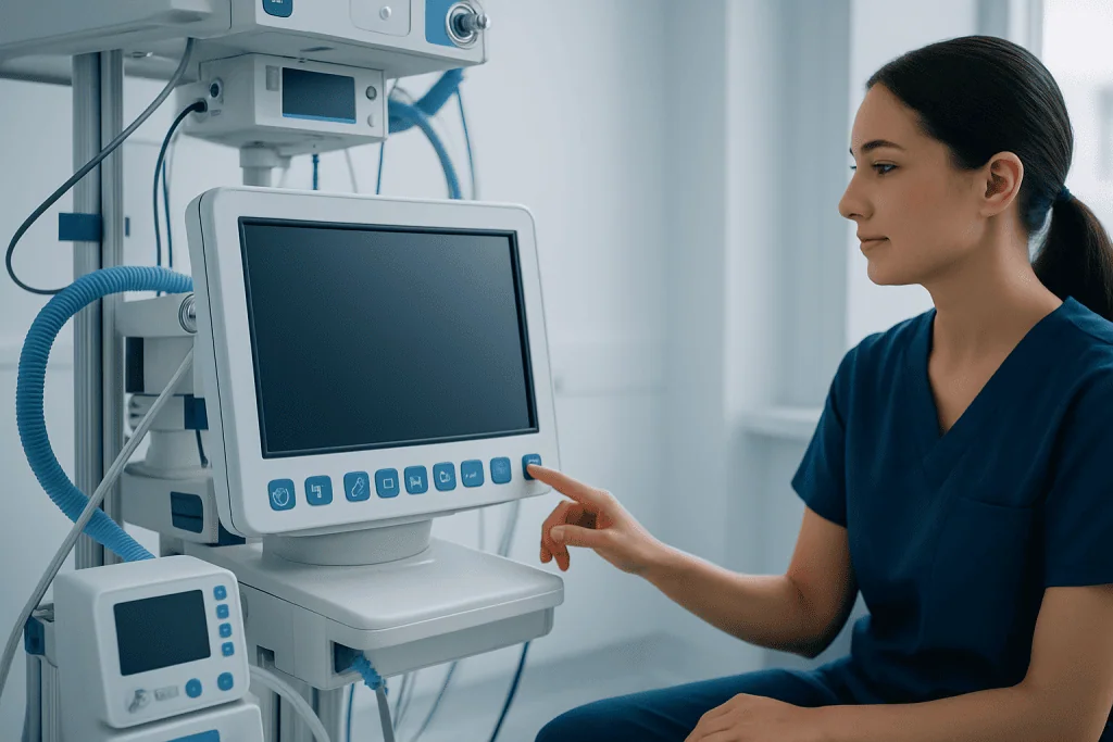 Healthcare professional operating medical monitoring equipment in hospital.