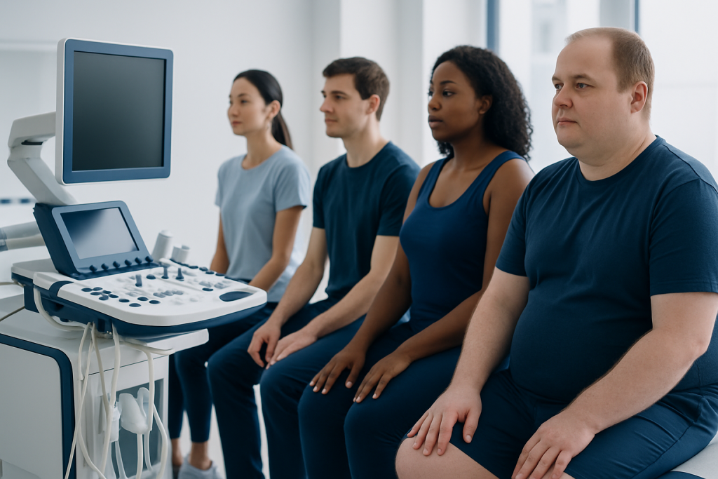 Medical professionals during ultrasound examination at Acibadem Hospital.