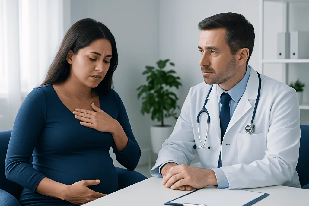 Doctor consulting pregnant woman about heartburn during pregnancy.