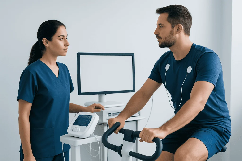 Patient undergoing fitness assessment with medical staff at Acibadem Hospital.