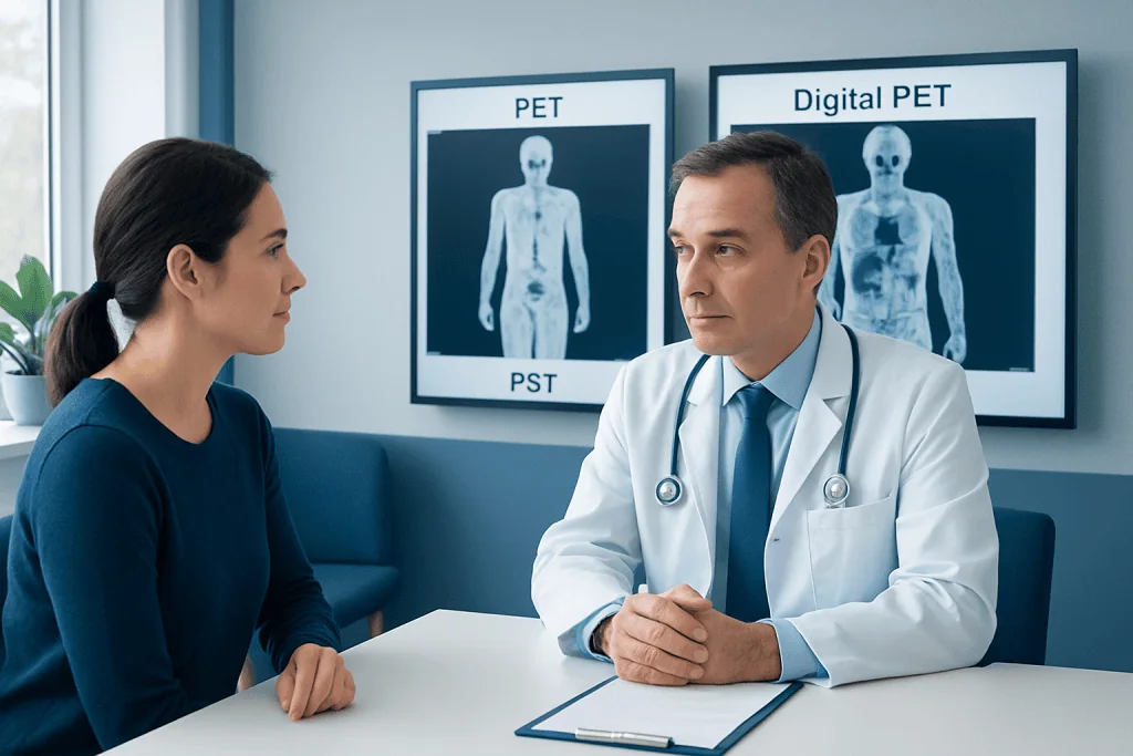Doctor explaining Digital PET vs Standard PET to a patient in a medical office.