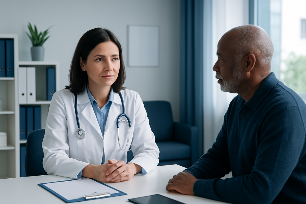 Doctor consulting with a patient in a modern medical office.