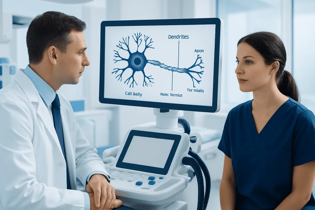 Medical professionals discussing neuron diagram in a clinical setting.