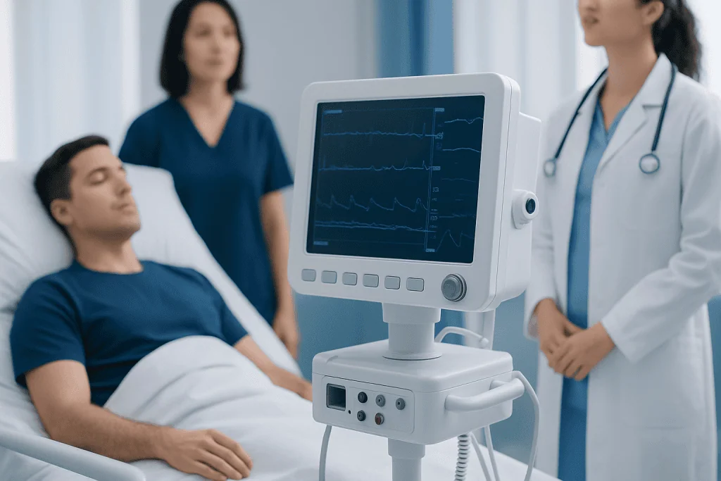 Patient undergoing cardiac monitoring in a hospital setting with medical staff present.