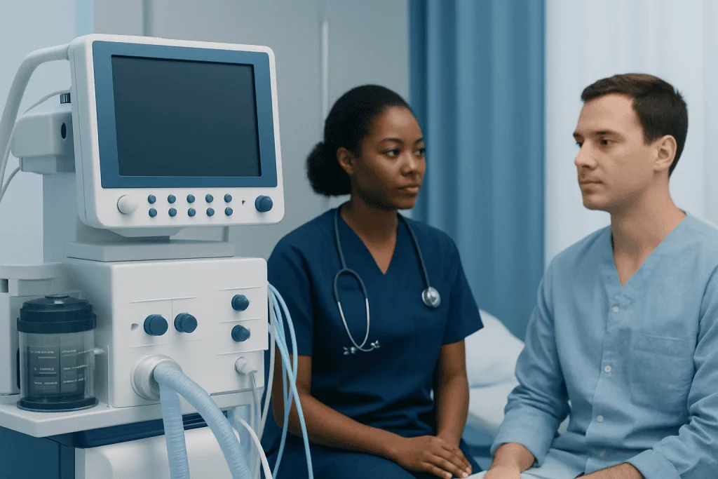 Medical professionals discussing patient care in a hospital room.