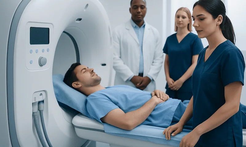 Patient undergoing a CT scan at Acibadem Hospital with medical staff present.