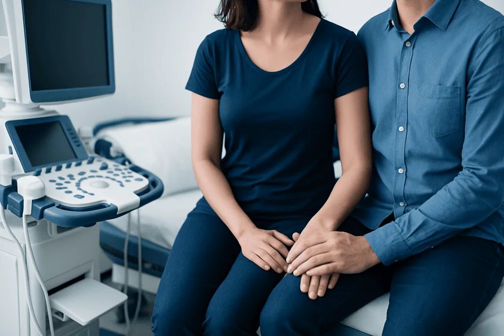 Medical consultation for intimate health with ultrasound equipment in background.