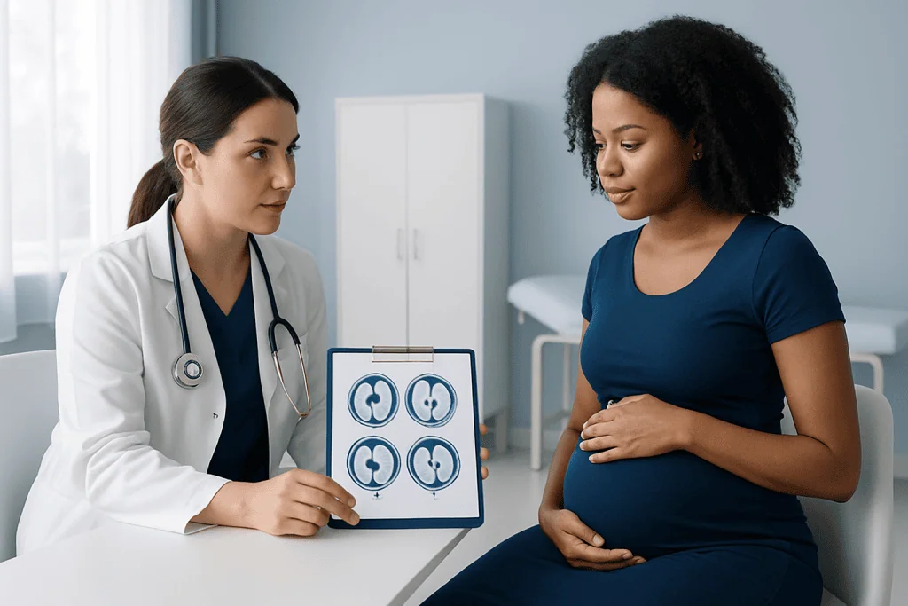 Doctor explaining twin pregnancy ultrasound images to a patient.