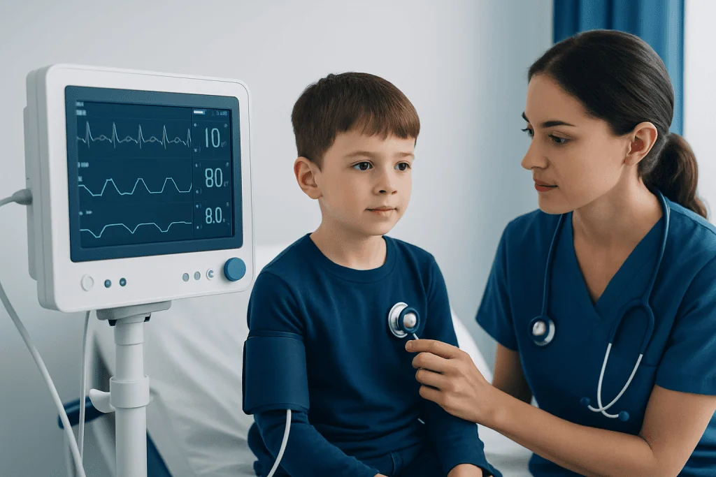 Pediatric nurse checks child's vital signs with monitor in hospital.