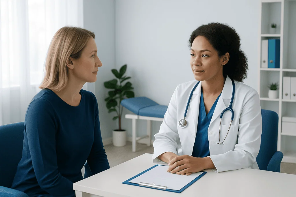 Doctor consulting with a patient in a modern medical office.
