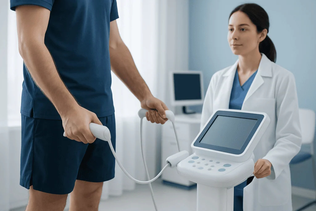 Medical professional using body composition analyzer for health assessment.