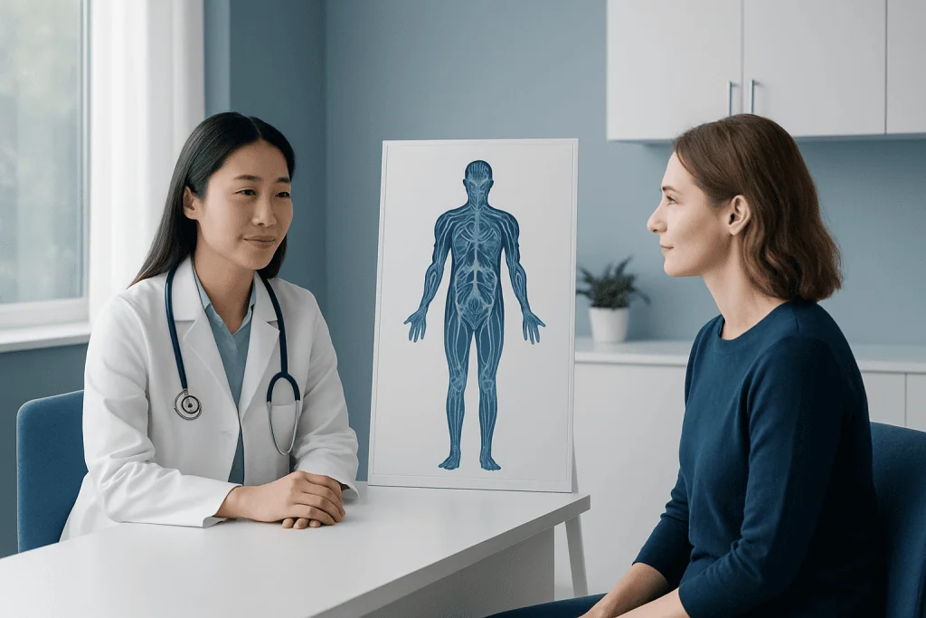 Doctor explaining human anatomy to patient in medical consultation room.