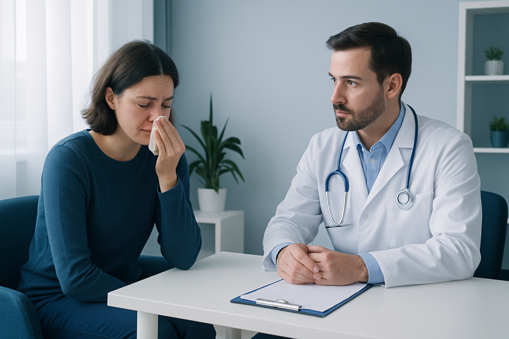 Patient experiencing nosebleed during consultation at Acibadem Hospital.