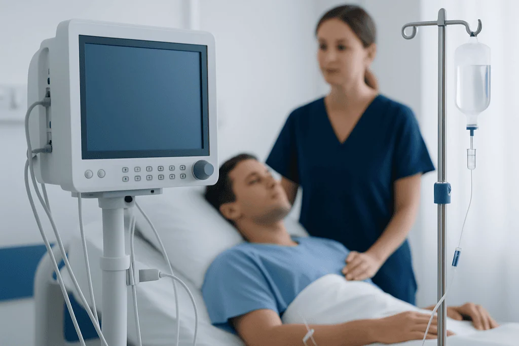 Hospital room with patient and nurse near medical monitor and IV drip.