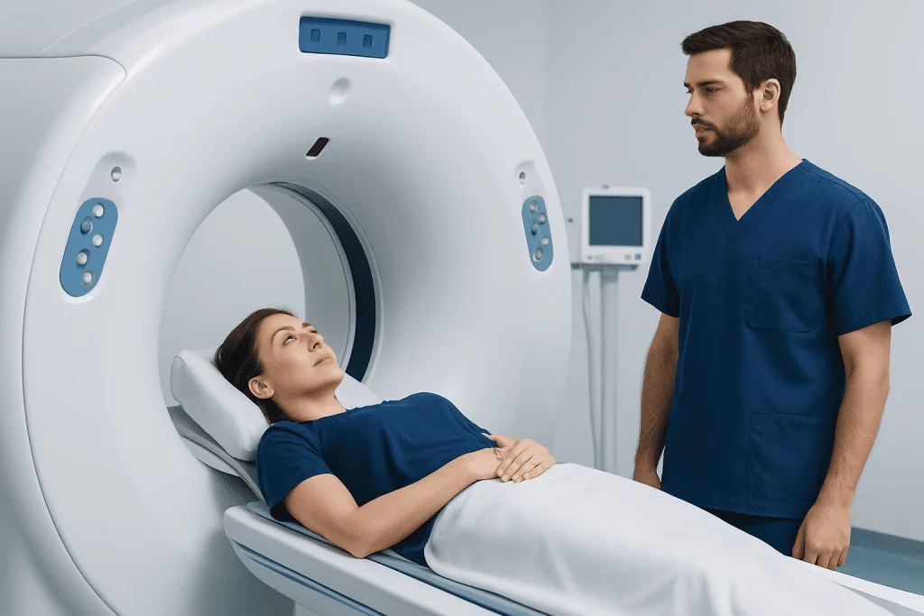 Patient undergoing a CT scan in a modern medical facility.