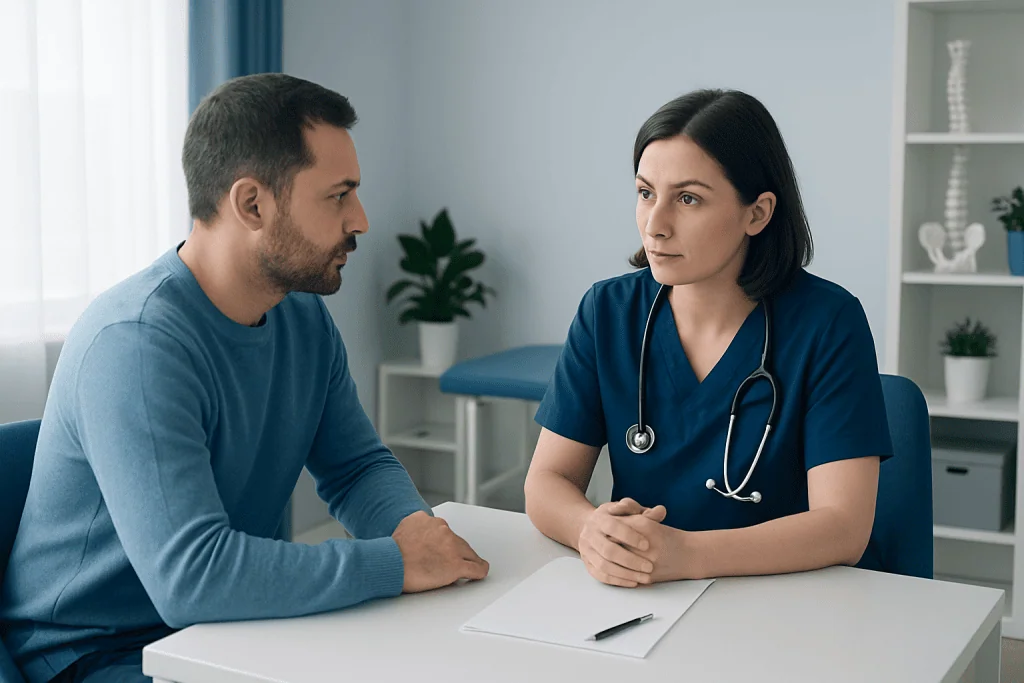 Doctor consulting with a patient in a medical office setting.