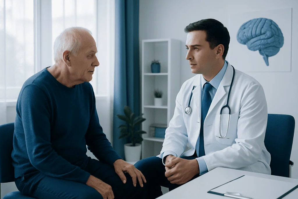 Doctor consulting with elderly patient in a medical office.