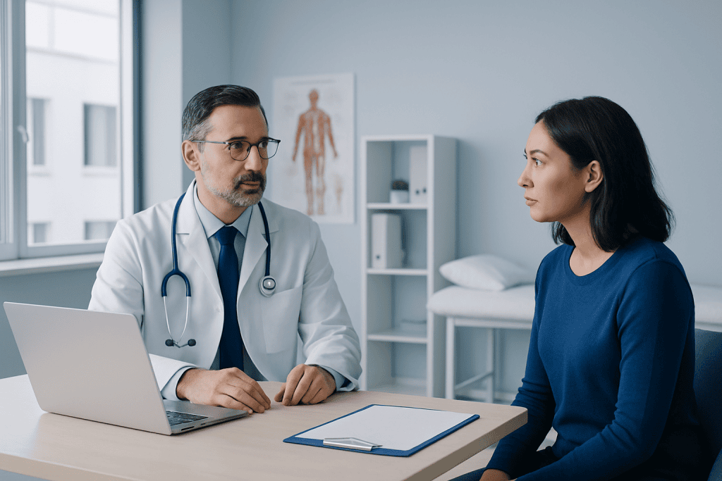 Doctor consulting with a female patient in a medical office setting.