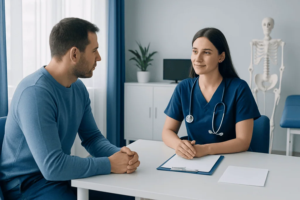 Patient consulting with a healthcare professional in a medical office.