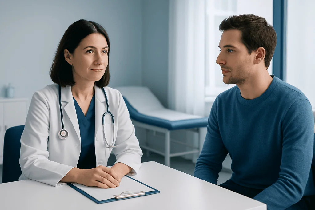 Doctor consulting with patient in a medical office setting.