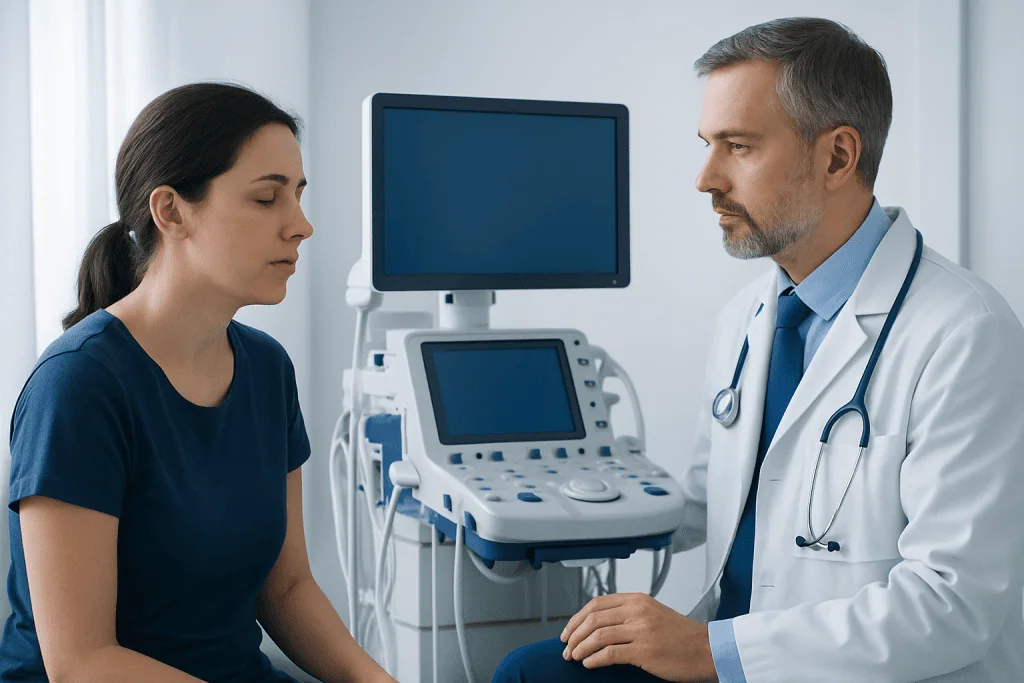 Doctor consulting a patient in a medical examination room with ultrasound equipment.