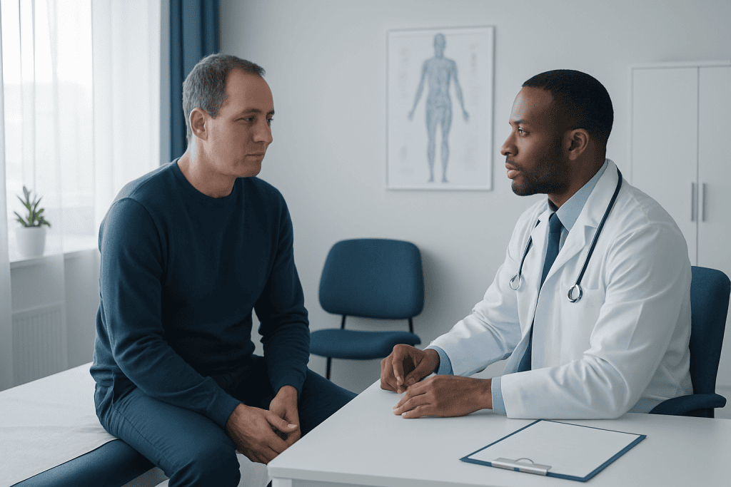 Doctor consulting with male patient in a medical office setting.
