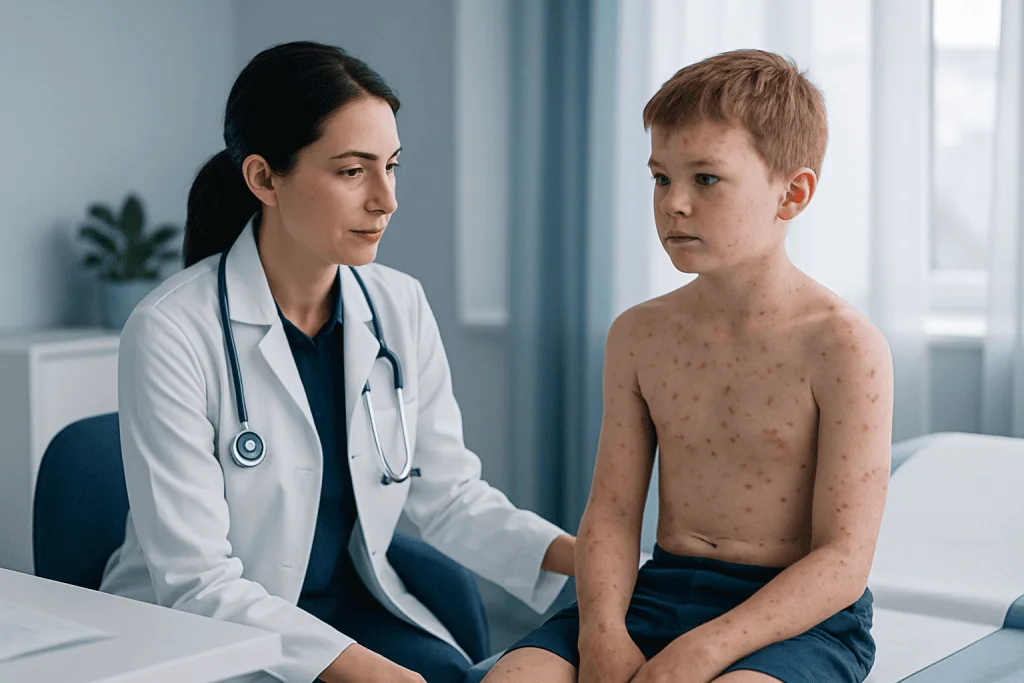 Doctor examining a boy with skin rash in a hospital room.