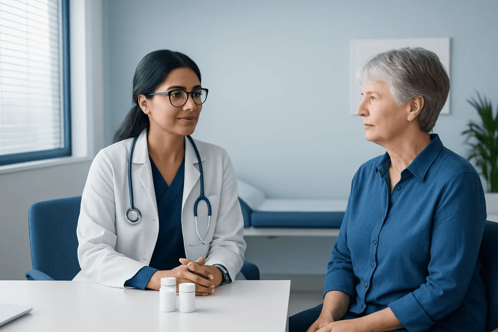 Doctor consulting with an elderly female patient in a medical office.