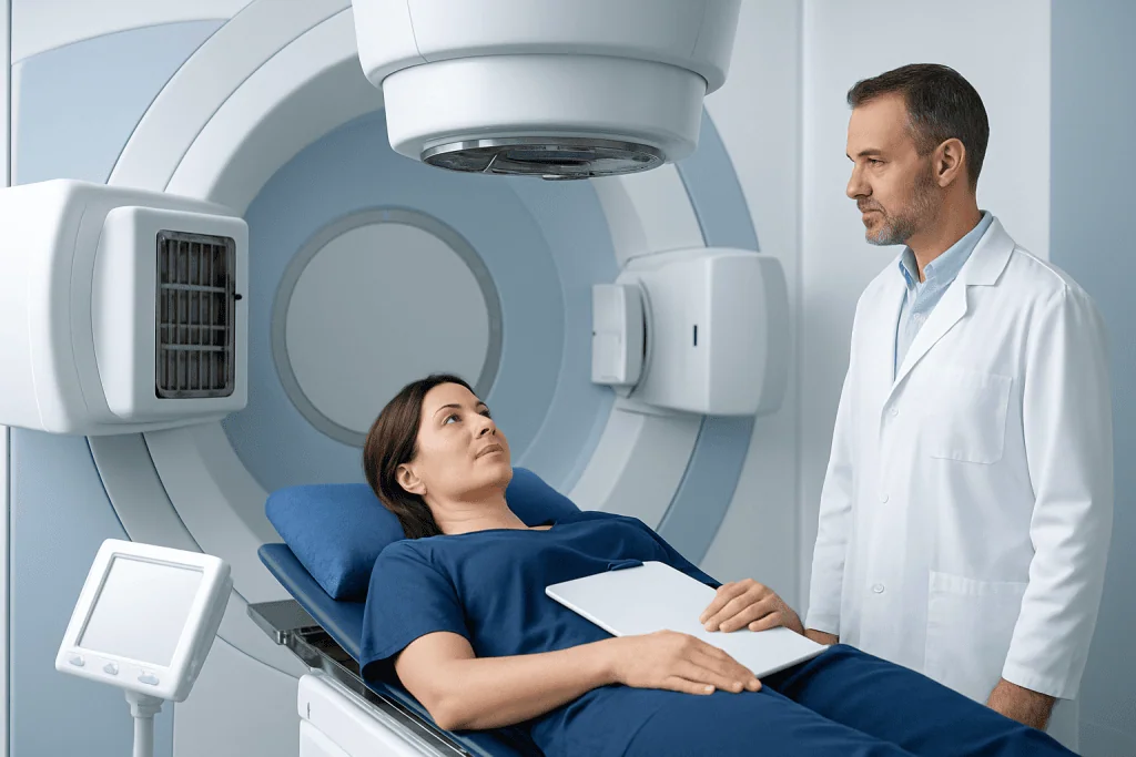 Medical professional consulting a patient in an MRI scan room at Acibadem Hospitals.