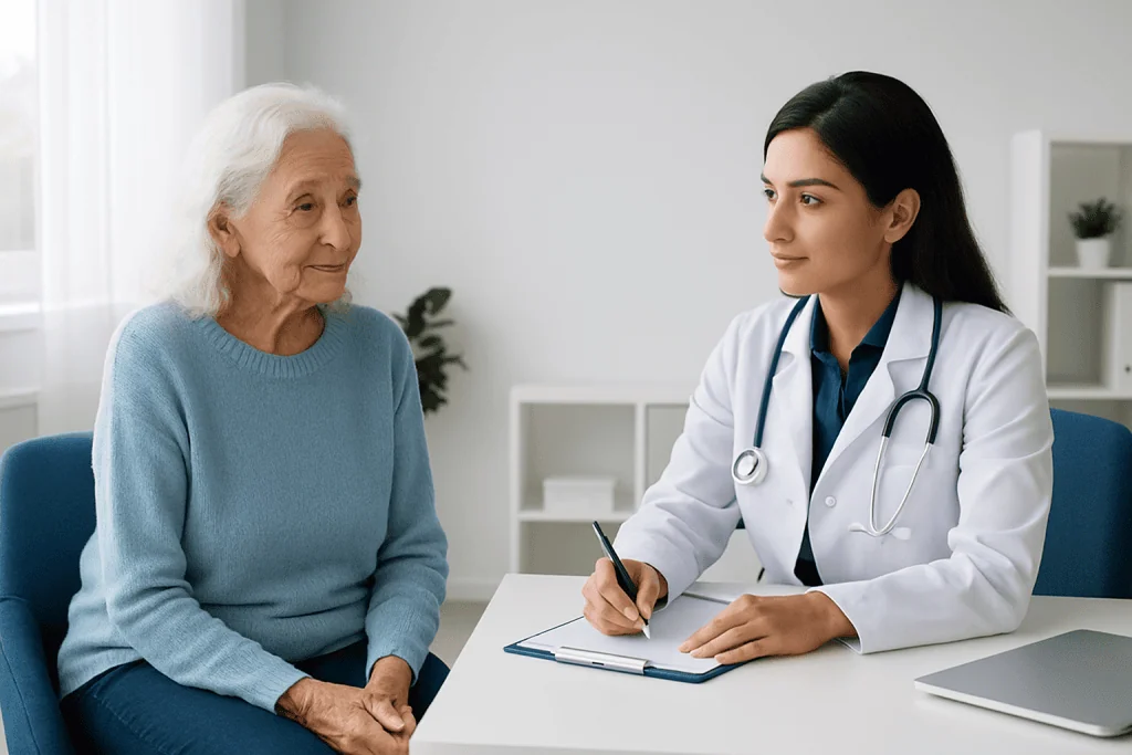 Elderly woman consulting with a doctor in a medical office.