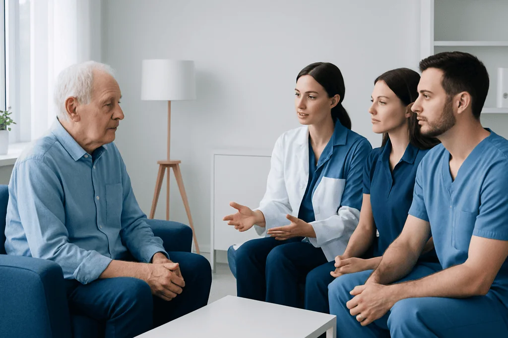 Medical team consulting with elderly patient in a hospital setting.