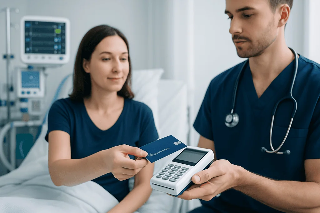 Patient making a payment with a credit card at a hospital bed.