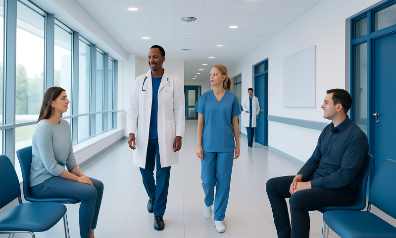 Medical consultation in a modern hospital corridor with doctors and patients.