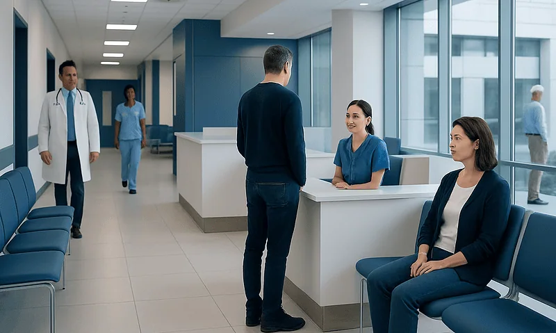 Hospital reception area with staff and patients at Acibadem Hospitals Group.