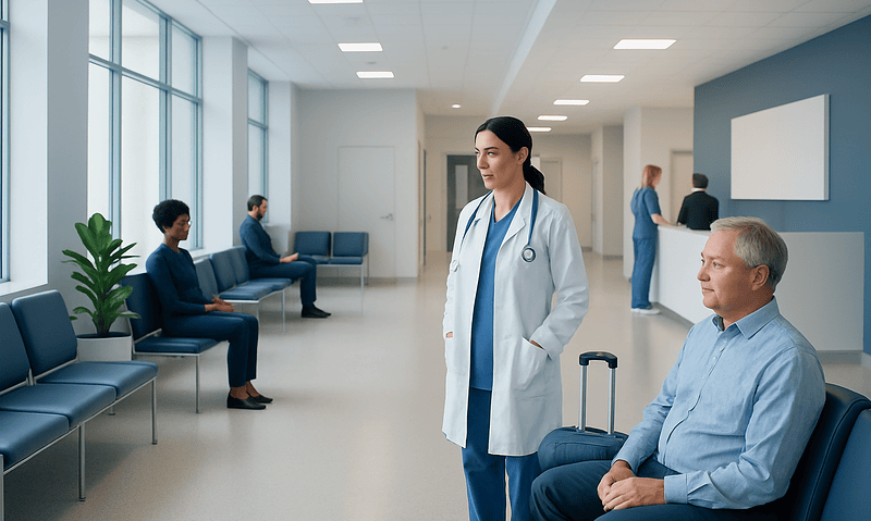 Doctor consulting with patient in hospital waiting area in Turkey.