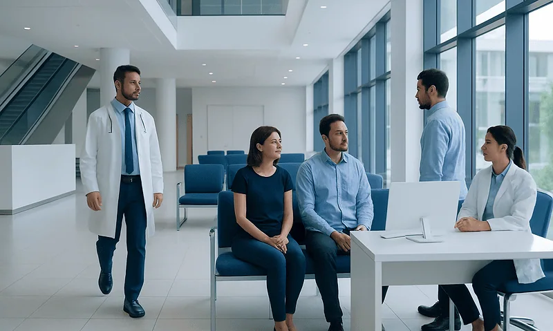 Medical consultation in a modern hospital lobby with healthcare professionals and patients.