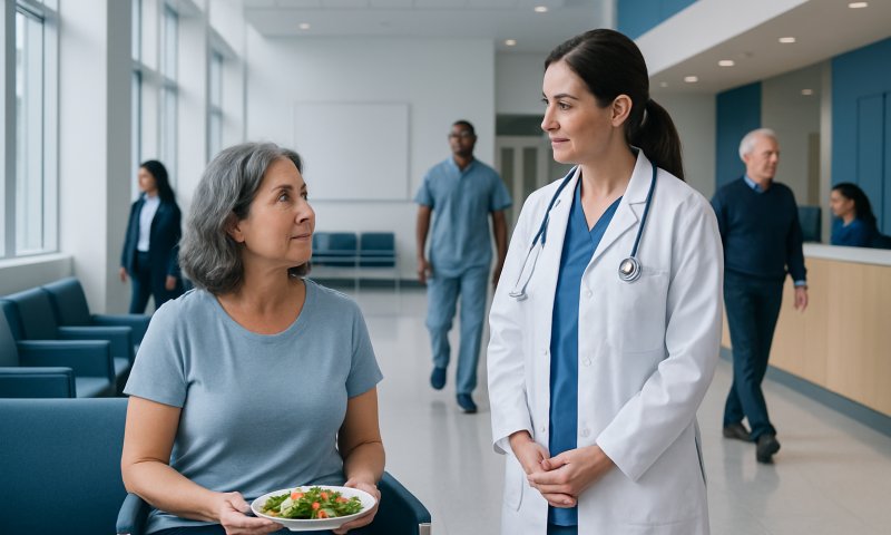 Doctor consulting with a patient in a hospital corridor.