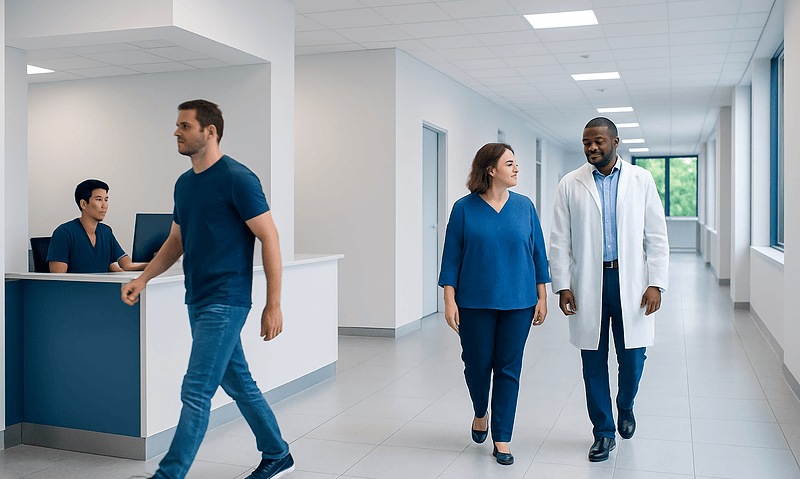 Healthcare professionals walking in hospital corridor at Acibadem Hospitals Group.