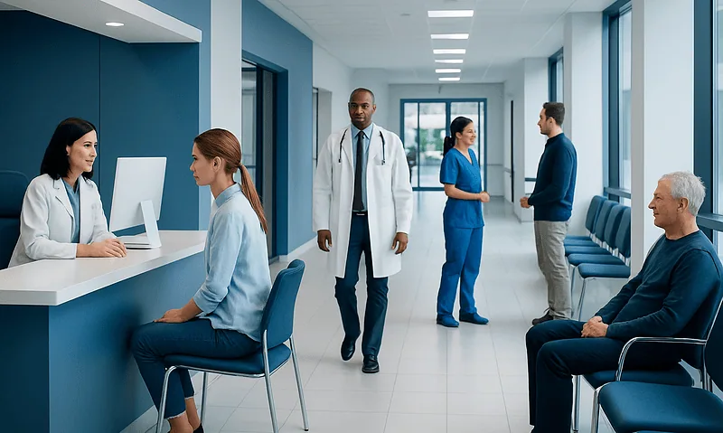 Modern hospital reception area with medical staff and patients.