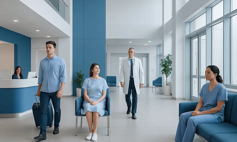 Patients waiting in a modern hospital lobby with medical staff present.