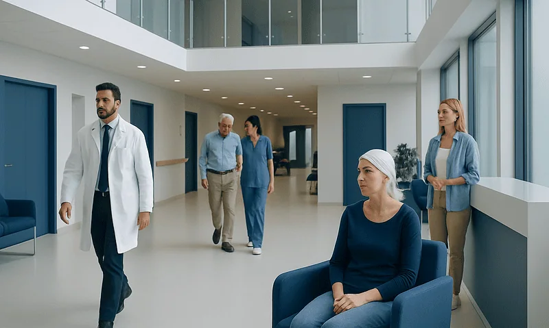 Hospital corridor with medical staff and a patient in a modern healthcare facility.