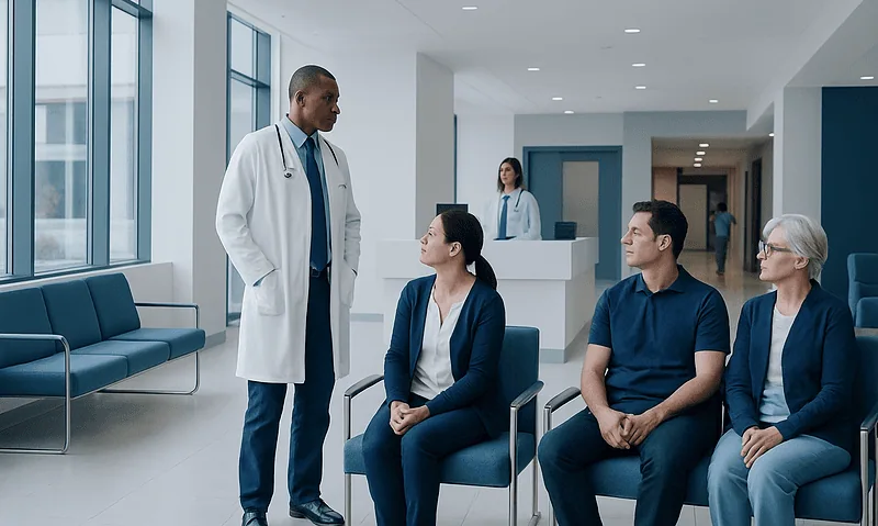 Doctor consulting with patients in a modern hospital waiting area.