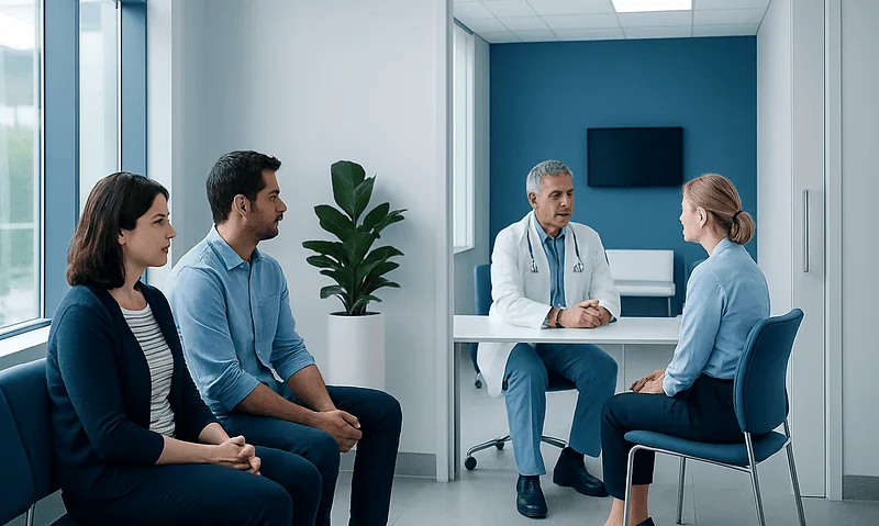 Doctor consulting with a patient and family members in a modern hospital room.