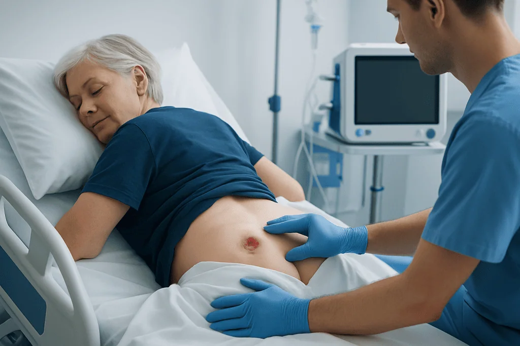 Medical professional examining pressure ulcer on elderly patient's abdomen.