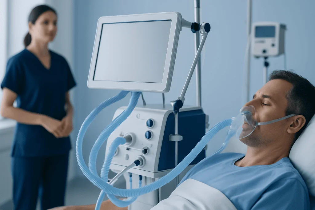 Patient receiving respiratory therapy in hospital with medical equipment.